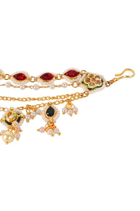 Shop_Auraa Trends_Red Stone, Kundan Embellished Ear Chain_Online_at_Aza_Fashions