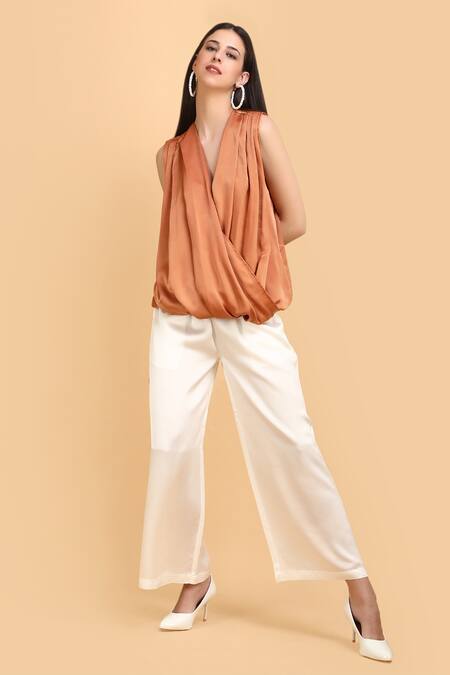 Shop_Label Ivish_Brown Silk V-neck Drape Wrap Top And Pant Set _Online_at_Aza_Fashions
