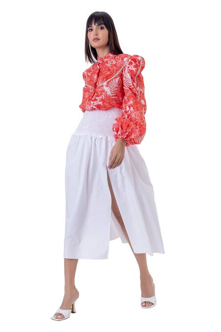 Shop_Gaya_White 100% Cotton Plain Lily High Slit Skirt _Online_at_Aza_Fashions