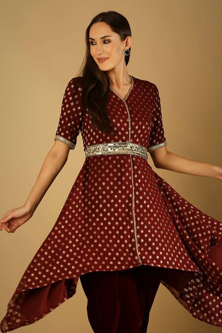 Shop_Monk & Mei By Sonia Anand_Maroon Velvet, Brocade, Georgette Tamanna Asymmetric Kurta And Dhoti Pant Set _Online_at_Aza_Fashions