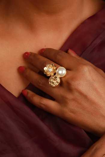 Shop_Ishhaara_Gold Plated Pearls, Stones Trio Floral Shaped Ring _Online_at_Aza_Fashions