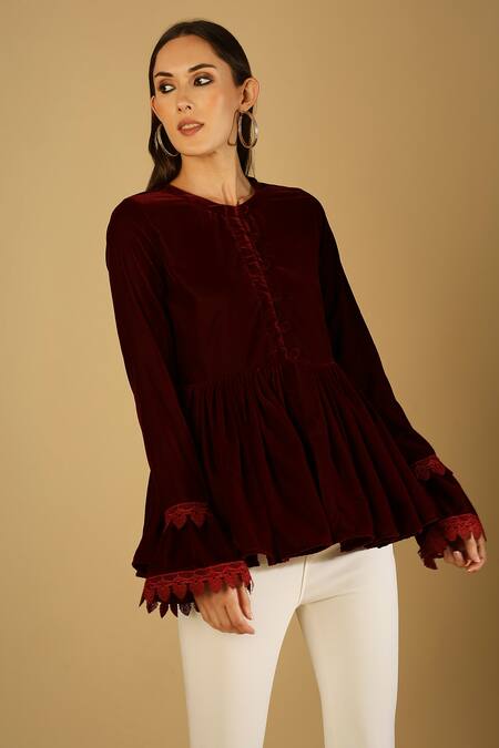 Shop Monk & Mei By Sonia Anand Maroon Velvet Lace Round Neck Taj Peplum Jacket Online at Aza Fashions Shop_Monk & Mei By Sonia Anand_Maroon Velvet Lace Round Neck Taj Peplum Jacket _Online_at_Aza_Fashions