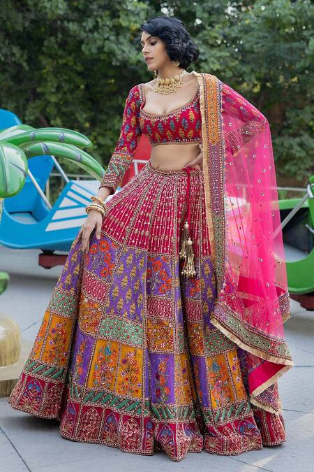 Multicoloured Bridal Hand Embroidered Lehenga Choli