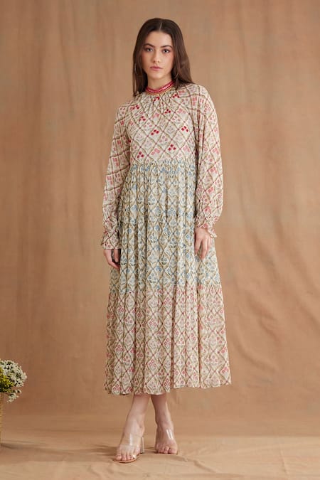 Buy Nikasha Red Viscose, Georgette Sequins, Embroidery Mughal Print Puff Sleeve Midi Dress Online at Aza Fashions Buy_Nikasha_Red Viscose, Georgette Sequins, Embroidery Mughal Print Puff Sleeve Midi Dress _Online_at_Aza_Fashions