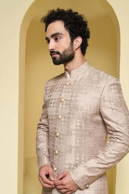 Shop Kustomeyes Beige Silk Embroidery Sherwani Set Online at Aza Fashions Shop_Kustomeyes_Beige Silk Embroidery Sherwani Set _Online_at_Aza_Fashions