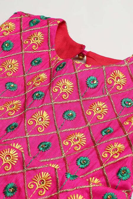 Shop_Byb Premium_Fuchsia Silk, Cotton, Tulle Pom-poms, Embellished Peplum Top Skirt Set_Online_at_Aza_Fashions