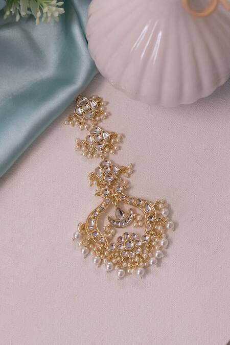 Shop_Ishhaara_Gold Plated Pearl Embellished Maangtikka _Online_at_Aza_Fashions