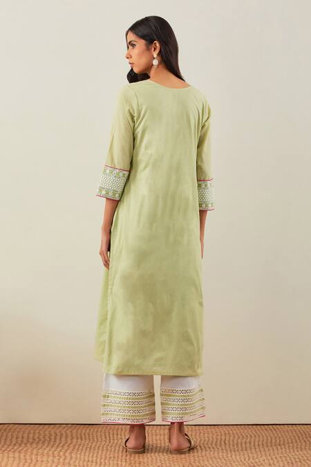 Shop The Indian Cause Green Cotton Embroidery Chikankari Round Rooh Straight Kurta Set at Aza Fashions Shop_The Indian Cause_Green Cotton Embroidery Chikankari Round Rooh Straight Kurta Set_at_Aza_Fashions