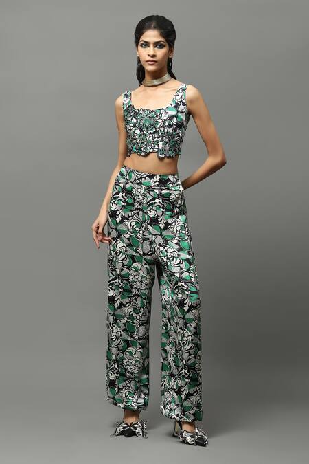 Shop AK-OK Green Lycra Embroidery, Cut Work Square Floral Print Top And Joggers Set With Cape Online at Aza Fashions Shop_AK-OK_Green Lycra Embroidery, Cut Work Square Floral Print Top And Joggers Set With Cape _Online_at_Aza_Fashions