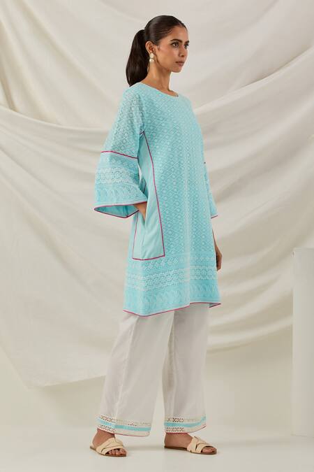 Shop_The Indian Cause_Blue Cotton Piping, Embroidery Round Neck Chikankari Kurta With Contrast Palazzo_Online_at_Aza_Fashions