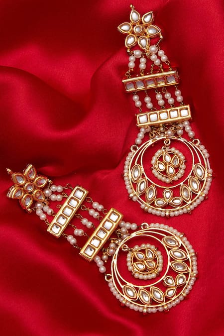 Just Shradhas_Gold Plated Pearls, Gota Patti And Kundan Embellished Earrings _at_Aza_Fashions