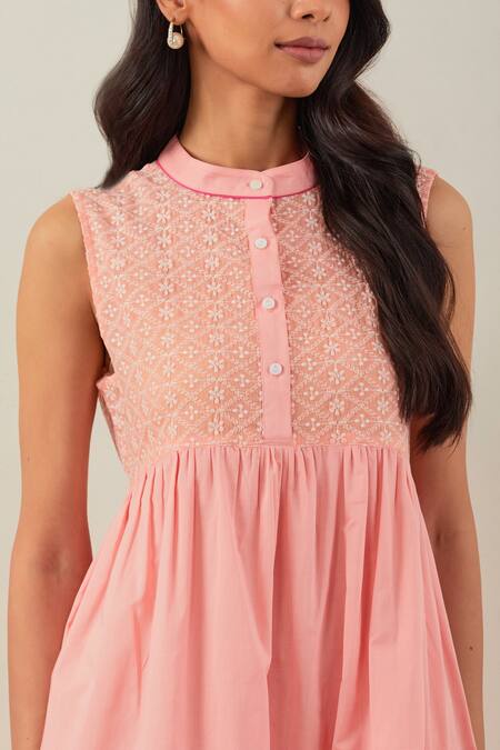 Shop_The Indian Cause_Peach Cotton Embroidery Bandeau Neck Short Dress_Online_at_Aza_Fashions