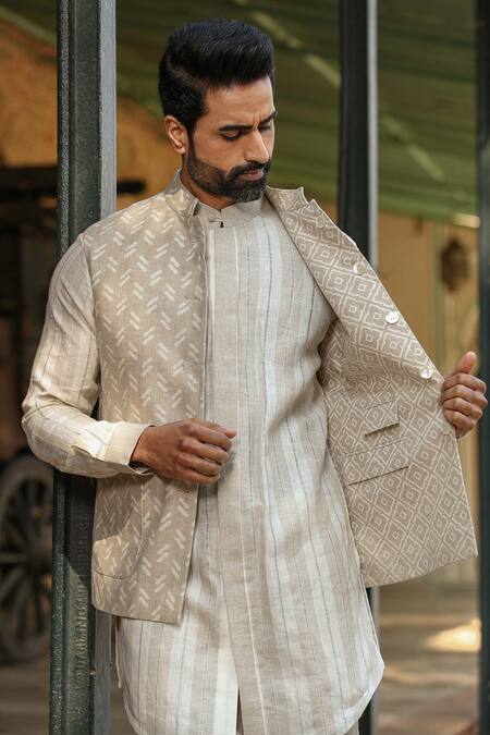 Shop_Raw & Rustic By Niti Bothra_Beige Bandi And Kurta 60 , Pant 40 Reversible Moroccan Bundi & Set_Online_at_Aza_Fashions