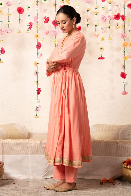 Shop Marche Peach Dupatta Kota Doria, Kurta And Pant Cotton V Neck Kalidar Angrakha Set Online at Aza Fashions Shop_Marche_Peach Dupatta Kota Doria, Kurta And Pant Cotton V Neck Kalidar Angrakha Set _Online_at_Aza_Fashions