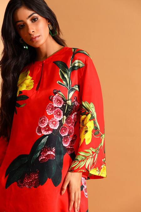Shop_Moh India_Red Cotton, Silk Keyhole Neck Flower Printed Tunic And Trouser Set_Online_at_Aza_Fashions