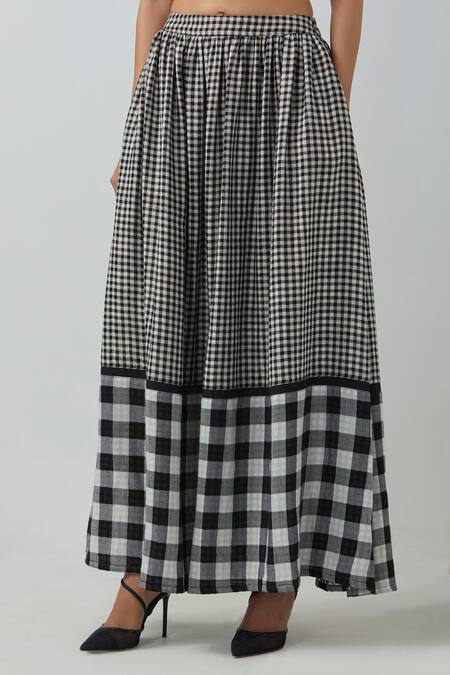 Shop_The Indian Cause_Black Cotton Zari Check Bustier Bralette And Skirt Set_Online_at_Aza_Fashions