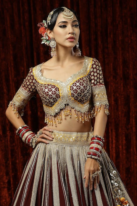 Buy Shikhar Sharma Maroon Silk, Chanderi, Net Beads, Genda Phool Gota Bridal Lehenga Set Online at Aza Fashions Buy_Shikhar Sharma_Maroon Silk, Chanderi, Net Beads, Genda Phool Gota Bridal Lehenga Set _Online_at_Aza_Fashions