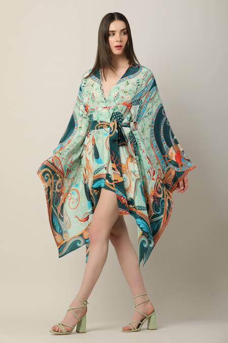 Buy_Limerick By Abirr N' Nanki_Multi Color Crepe Embroidery V-neck Evo Printed Wrap Kaftan Dress _Online_at_Aza_Fashions