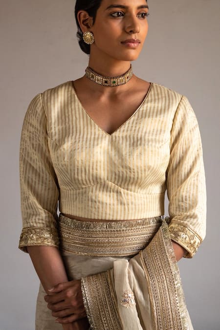 Shop_Shorshe Clothing_Ivory Handloom Cotton Pearls, Zari Embroidered Saree _Online_at_Aza_Fashions