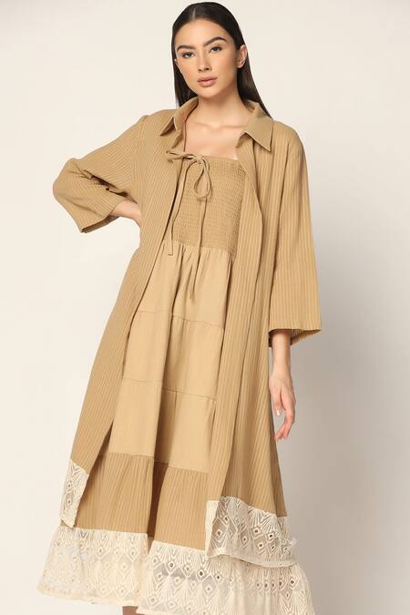 Two Sisters By Gyans_Brown Cotton Embroidery Square Neck, Collared Tiered Dress With Shirt _Online_at_Aza_Fashions