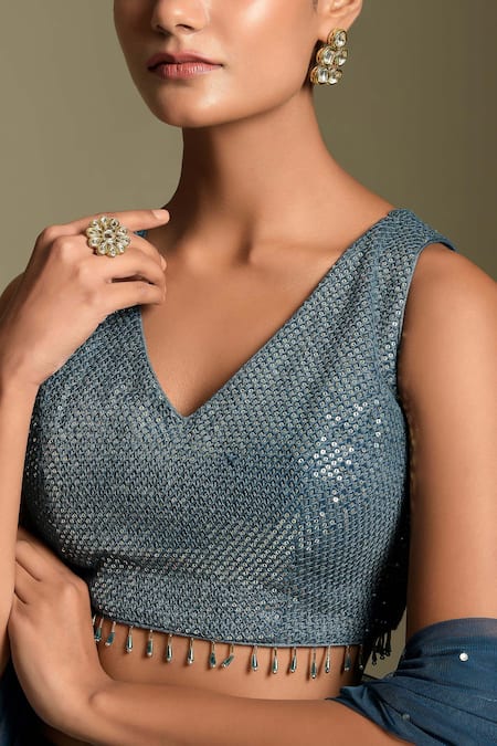 Shop_Two Sisters By Gyans_Blue Net, Georgette Sequins V Neck Embellished Monotone Lehenga Set _Online_at_Aza_Fashions