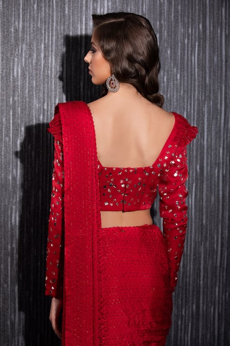 Shop_Shilpi Gupta_Red Organza, Satin Beads, Embroidered Pre-draped Saree With Blouse _Online_at_Aza_Fashions