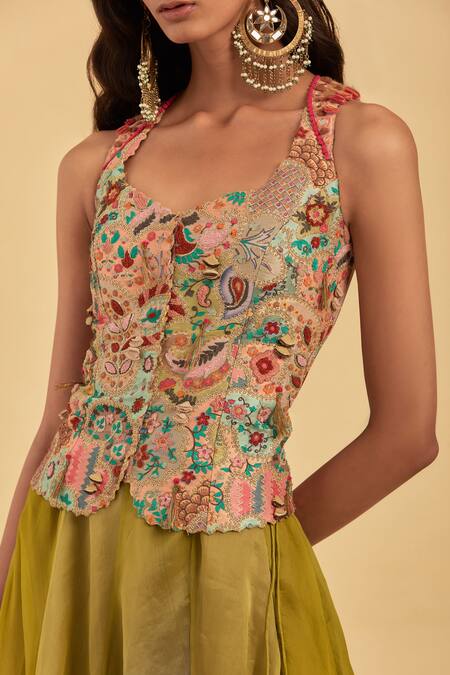 Shop Aum By Asit And Ashima Red Organza Tassels, Mirrors Paisley And Floral Embroidered Corset With Skirt Online at Aza Fashions Shop_Aum By Asit And Ashima_Red Organza Tassels, Mirrors Paisley And Floral Embroidered Corset With Skirt_Online_at_Aza_Fashions