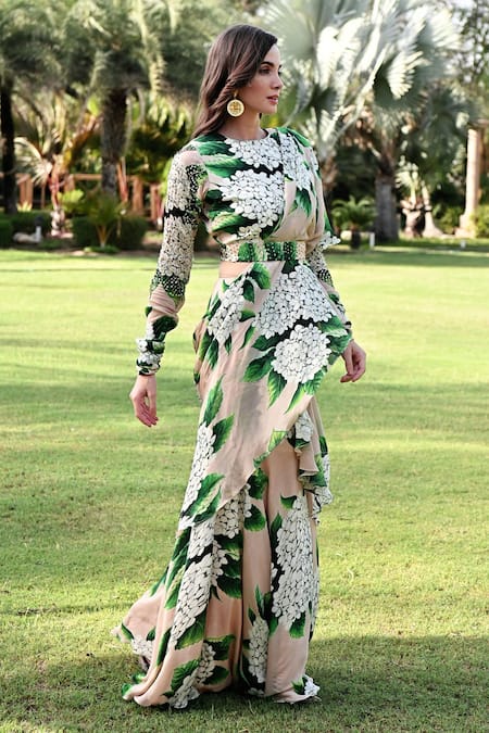 Shop_Sanam_Beige Chiffon Embroidery Round Neck Ruffled Floral Pattern Saree Set _Online_at_Aza_Fashions