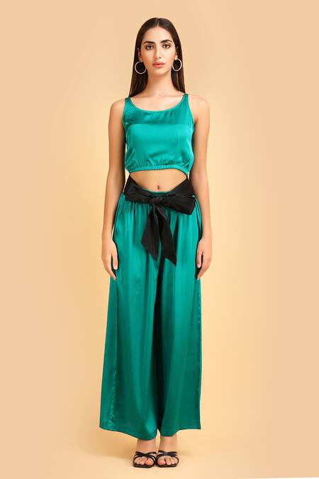 Shop_Label Ivish_Green Silk Round Neck Emerald Satin Pant Set _Online_at_Aza_Fashions