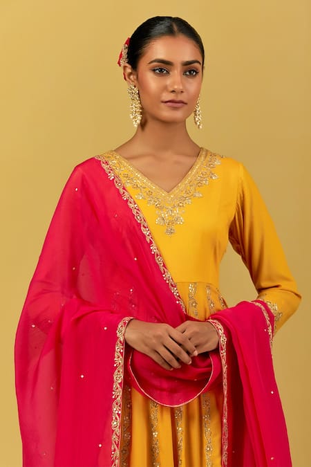 Shop_Ikshita Choudhary_Yellow Modal, Cotton, Tissue Embroidery, Sequins Floral Hand Anarkali Pant Set _Online_at_Aza_Fashions