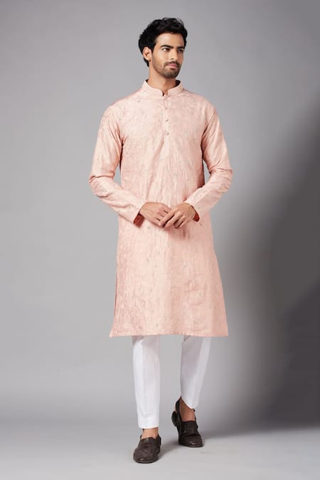 Buy_Hilo Design_Peach Cotton, Lycra Embroidery Tiyaan Tropical Kurta Set _Online_at_Aza_Fashions