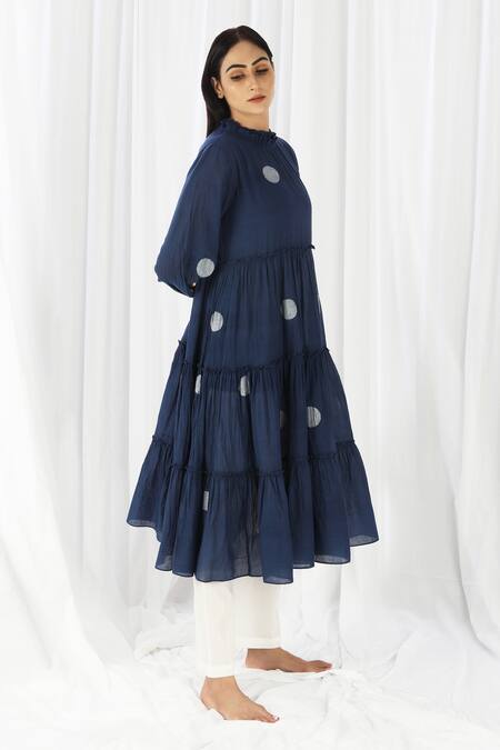 Shop_Khat_Blue Handloom , Handwoven Polka Pattern Tiered Kurta And Pant Set _Online_at_Aza_Fashions