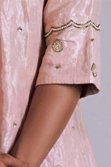 Shop Shorshe Clothing Pink Handloom Cotton Embroidery, Pearls V-neck Tissue Kurta And Gharara Set Online at Aza Fashions Shop_Shorshe Clothing_Pink Handloom Cotton Embroidery, Pearls V-neck Tissue Kurta And Gharara Set _Online_at_Aza_Fashions