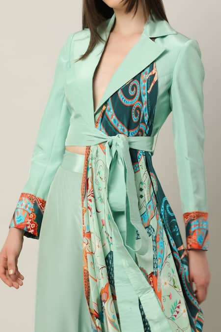 Buy_Limerick By Abirr N' Nanki_Multi Color Crepe Embroidery Collared Kira Placement Print Wrap Jacket _Online_at_Aza_Fashions