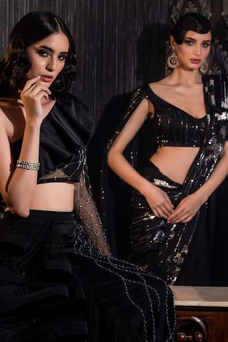 Shop Shilpi Gupta Black Silk Satin, Net Cut Work, Embroidery Cutdana Pre-draped Saree With Blouse Online at Aza Fashions Shop_Shilpi Gupta_Black Silk Satin, Net Cut Work, Embroidery Cutdana Pre-draped Saree With Blouse _Online_at_Aza_Fashions