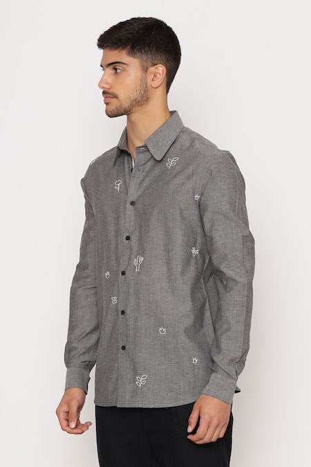 Shop Lacquer Embassy Grey Cotton Embroidery Botolph Chambray Shirt Online at Aza Fashions Shop_Lacquer Embassy_Grey Cotton Embroidery Botolph Chambray Shirt _Online_at_Aza_Fashions