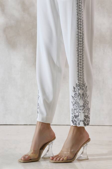 Shop_RANNA GILL_White Crepe Embroidery Floral Flower Vine Thread Work Pant _Online_at_Aza_Fashions