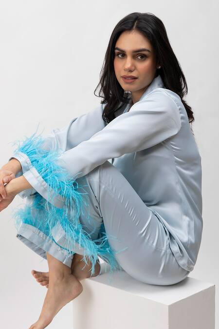 Shop_Dawn And Dusk_Blue Silk, Satin Feathers Collared Detailed Shirt And Pant Set_Online_at_Aza_Fashions