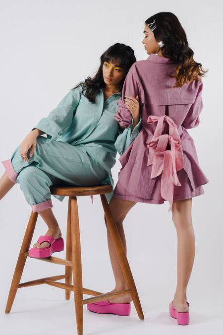 Shop Tussah By Siddhi Shah Purple Cotton Collared Back Tie-up Shirt And Shorts Set Online at Aza Fashions Shop_Tussah By Siddhi Shah_Purple Cotton Collared Back Tie-up Shirt And Shorts Set _Online_at_Aza_Fashions