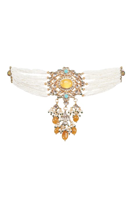 Shop_Auraa Trends_Yellow Stones, Beads Kundan Embellished Pendant Choker Set _Online_at_Aza_Fashions