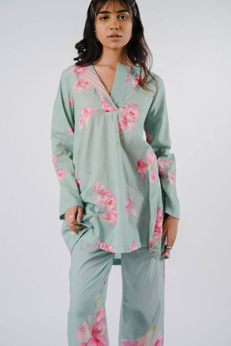 Buy Tussah By Siddhi Shah Green Cotton Round Neck Floral Print Tunic And Pant Set Online at Aza Fashions Buy_Tussah By Siddhi Shah_Green Cotton Round Neck Floral Print Tunic And Pant Set _Online_at_Aza_Fashions