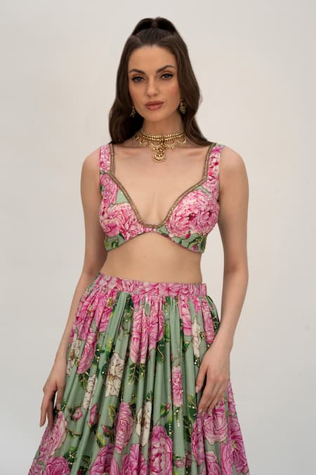 Sanam_Green Silk, Organza Sequins, Nicolette Floral Pattern Flared Lehenga Set _at_Aza_Fashions
