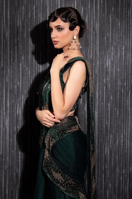 Shop Shilpi Gupta Green Silk Satin Cut Work V-neck Embroidered Pre-draped Saree With Blouse Online at Aza Fashions Shop_Shilpi Gupta_Green Silk Satin Cut Work V-neck Embroidered Pre-draped Saree With Blouse _Online_at_Aza_Fashions