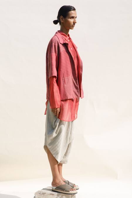 Shop_Urvashi Kaur_Red Cotton Collared Lance Organic Block Print Jacket _Online_at_Aza_Fashions