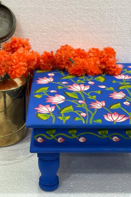 Shop_Purana Darwaza_Blue Wood Hand Painted Lotus Chowki_Online_at_Aza_Fashions