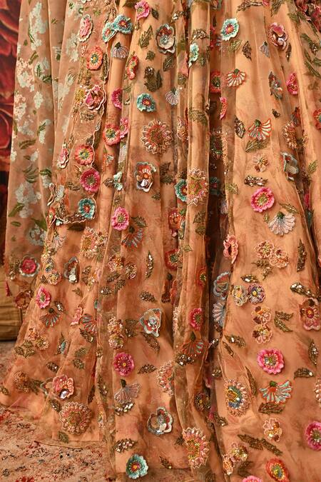 Shop Moledro Peach Net, Brocade, Organza Applique, Bahaar Blooming Bridal Lehenga Set Online at Aza Fashions Shop_Moledro_Peach Net, Brocade, Organza Applique, Bahaar Blooming Bridal Lehenga Set _Online_at_Aza_Fashions