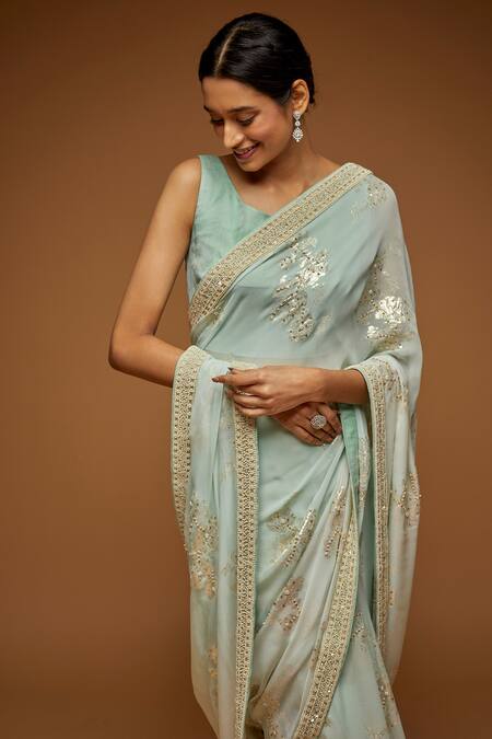 Shop_Neeta Lulla_Green Chiffon Pearl, Sequin, Flower Scoop Moira Foil Pattern Saree With Blouse_Online_at_Aza_Fashions