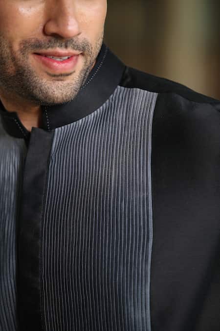 Buy_Raw & Rustic By Niti Bothra_Black Chanderi Silk Embroidery Banarasi Kurta _Online_at_Aza_Fashions