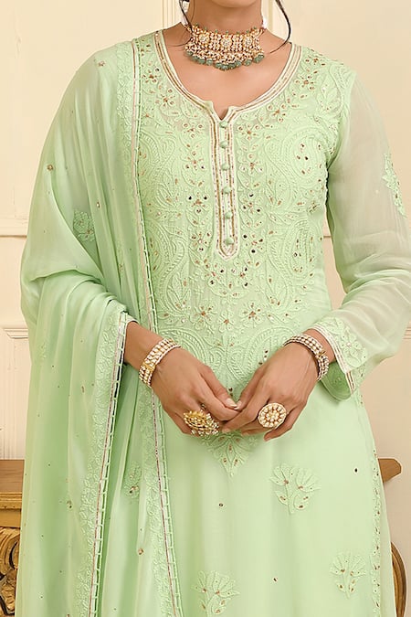 Shop_Esha Koul_Green Georgette Embroidered And Embellished Chikankari Notched Round Kurta Set_Online_at_Aza_Fashions