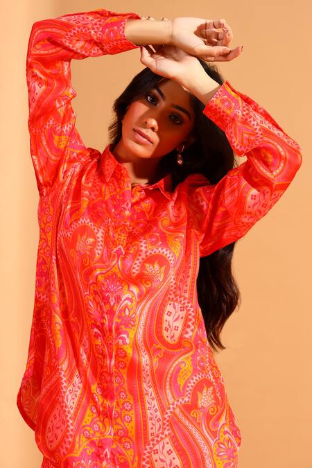 Shop_Moh India_Coral Cupro And Copper Silk Paisley Spread Collar Tunic & Pant Set_Online_at_Aza_Fashions